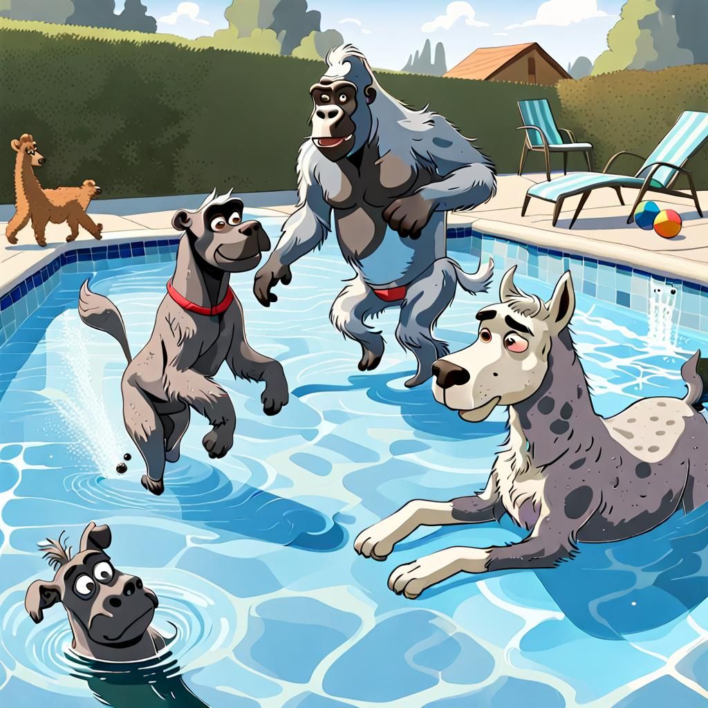 Gorilla, Dog, and Llama Pool Party in Pixar Style