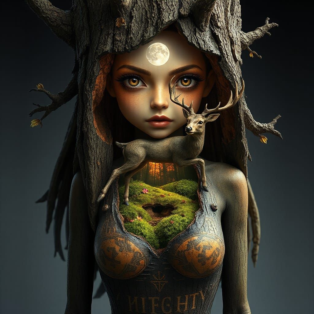 Ethereal Goddess Emerges from Hollowed Tree Trunk in Dreamli...