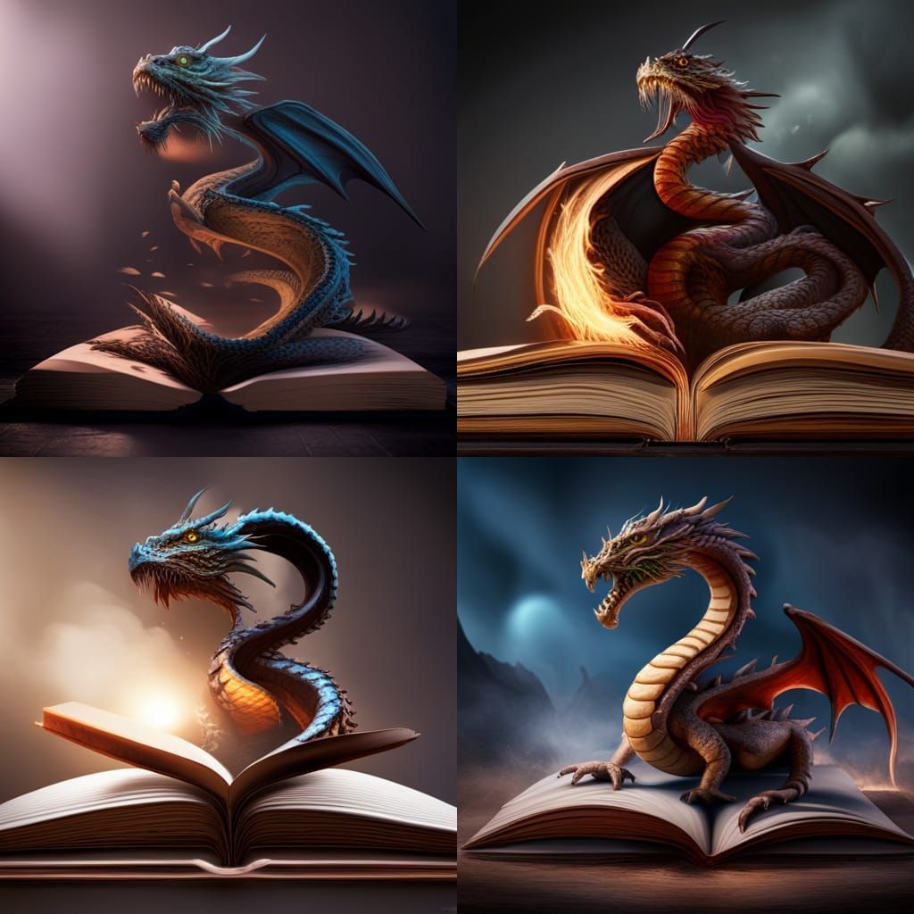 Dragon Emerges from Book: Detailed Fantasy Art