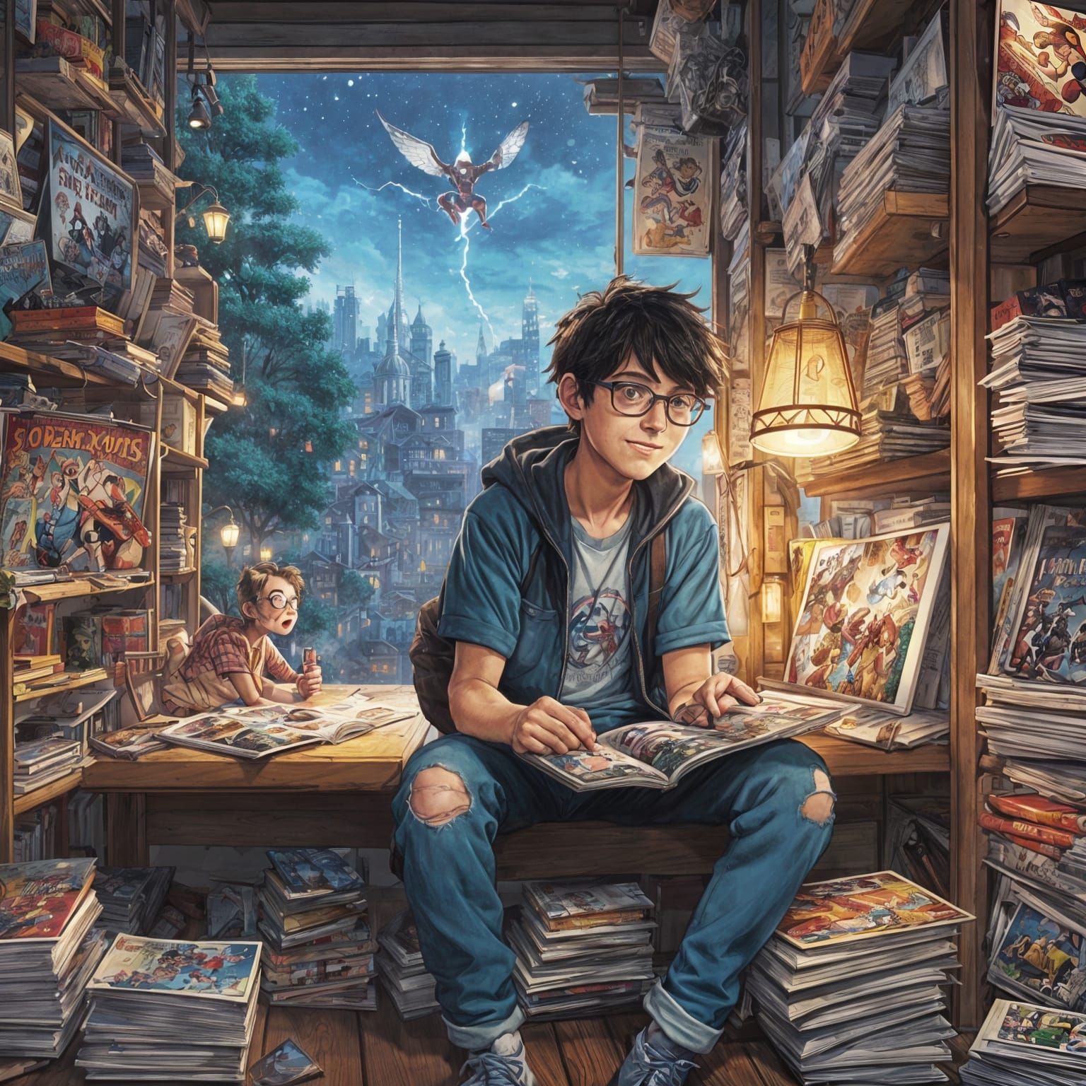 Heroic Boy Enjoys Comic Book in Vibrant Cel-Shaded Style