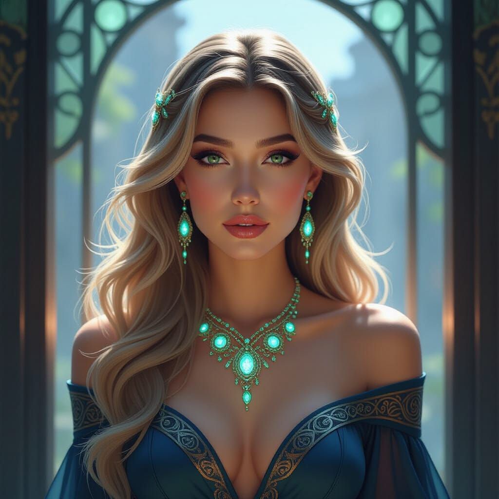 Ethereal Woman with Bioluminescent Jewelry in Art Nouveau St...