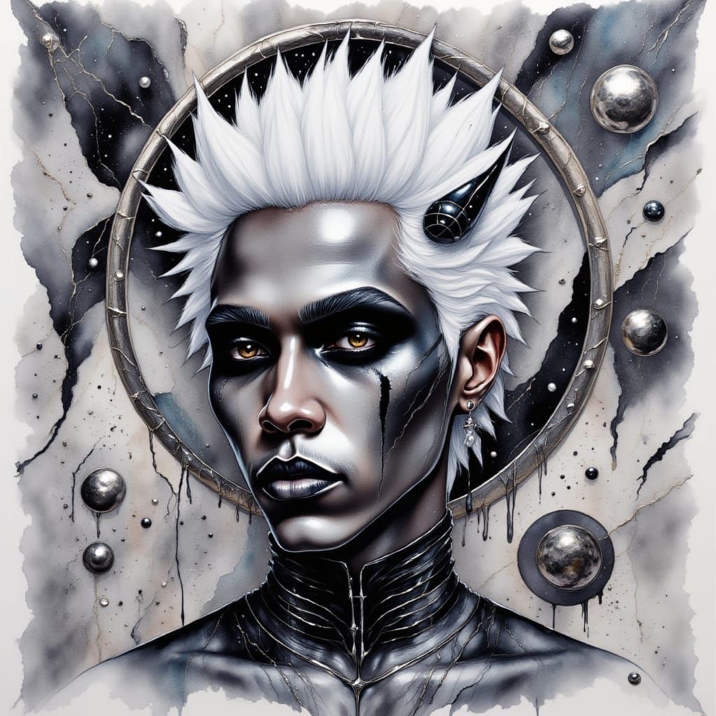 Goth Space Punk Portrait in Watercolor on Marble