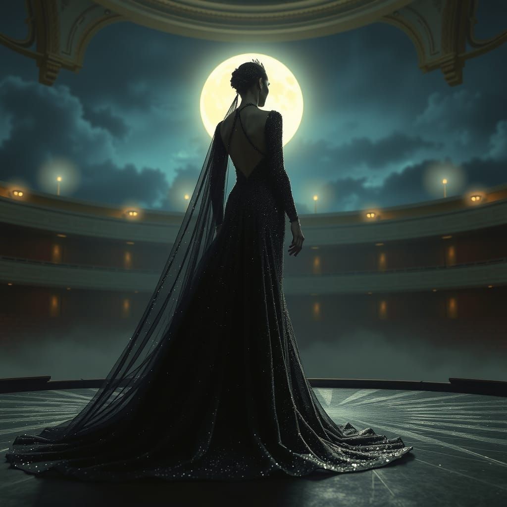 Vampire in Opera House at Twilight in Gothic Noir Style