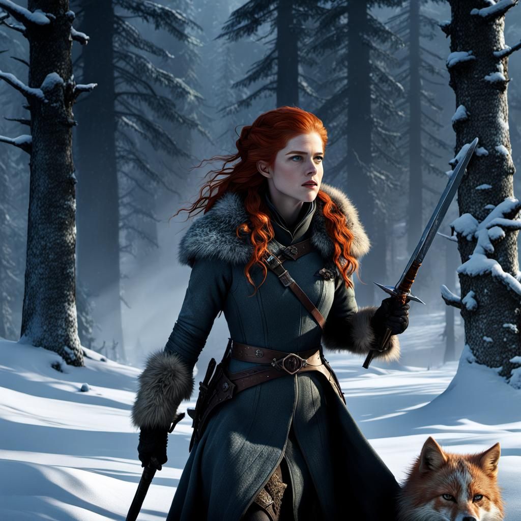 Fiery Redhead Wildling in Snowy Landscape