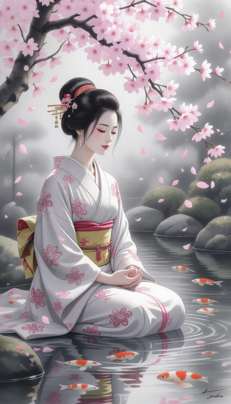 Charcoal Sketch of Woman Meditating by Koi Pond with Cherry ...