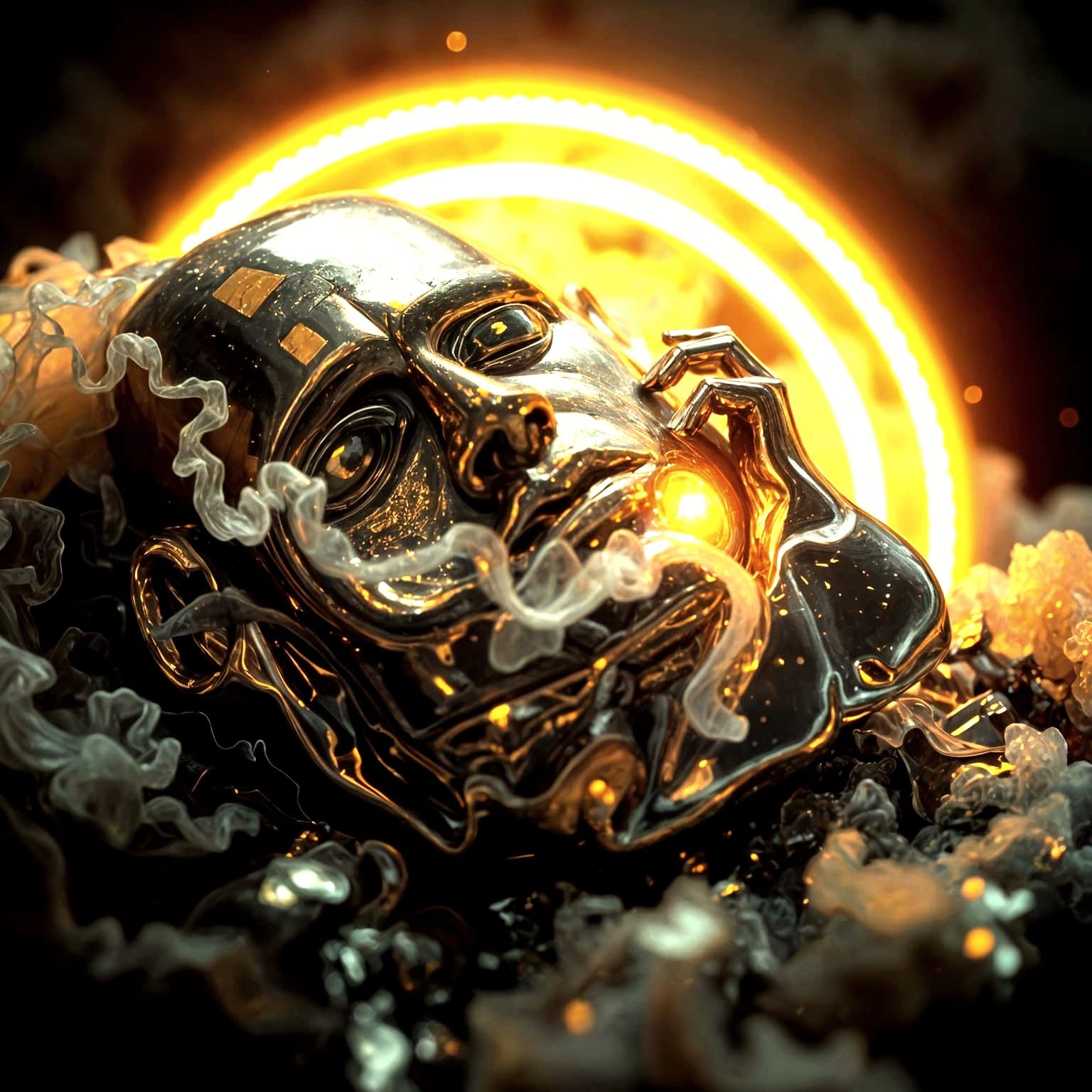 Surrealist Landscape: Shimmering Metallic Face in Dreamlike ...