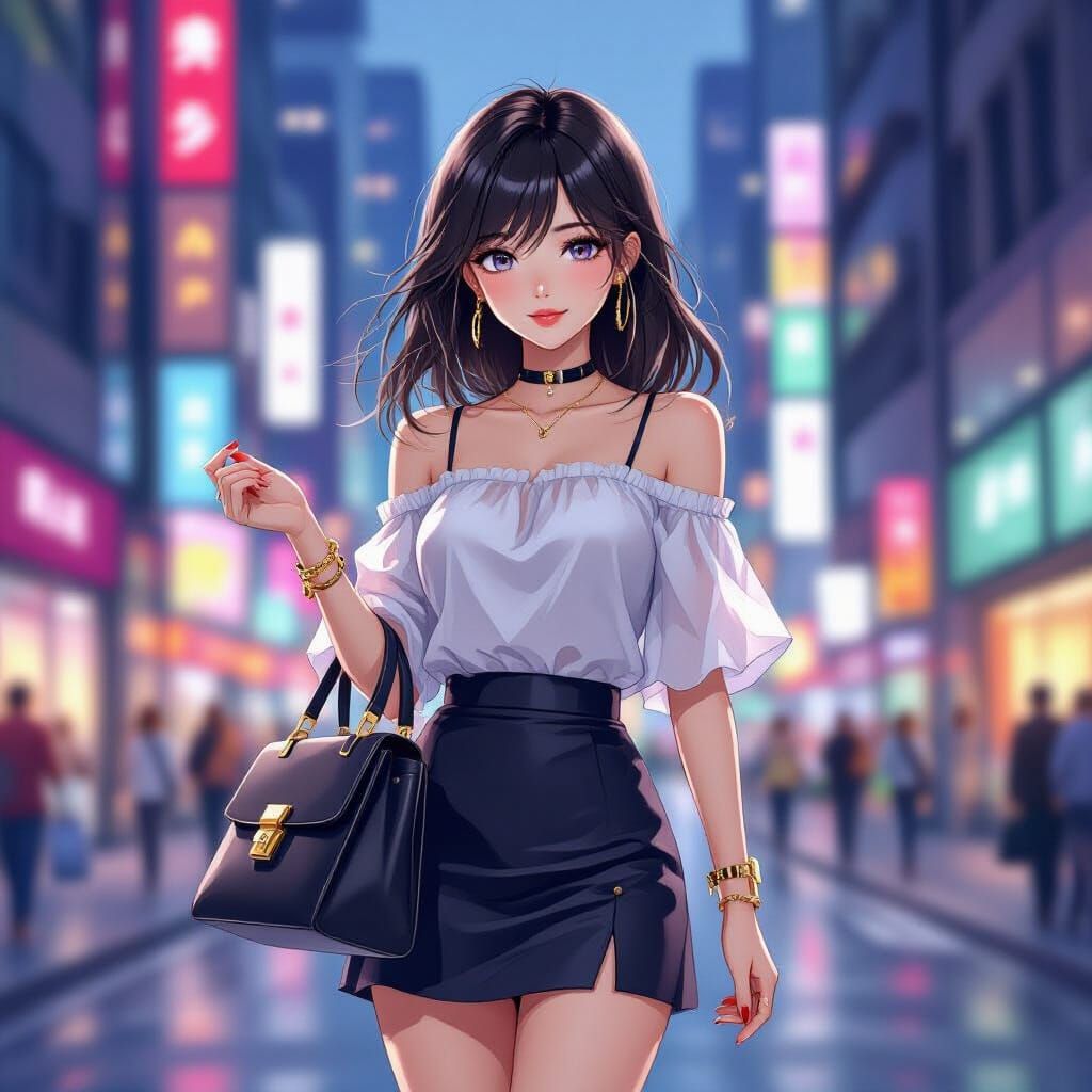 Anime Girl with Designer Bag in City Street