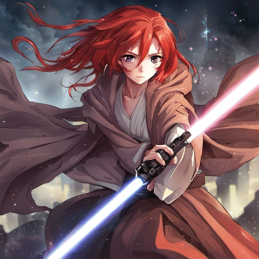 Red-Haired Girl as Jedi in Anime Style
