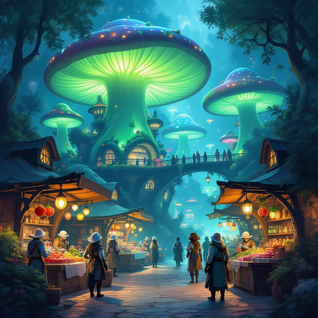Bioluminescent Mushroom City Marketplace with Alien Flora
