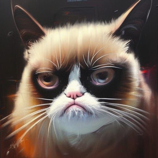 Grumpy Cat Portrait in Oil Painting Style