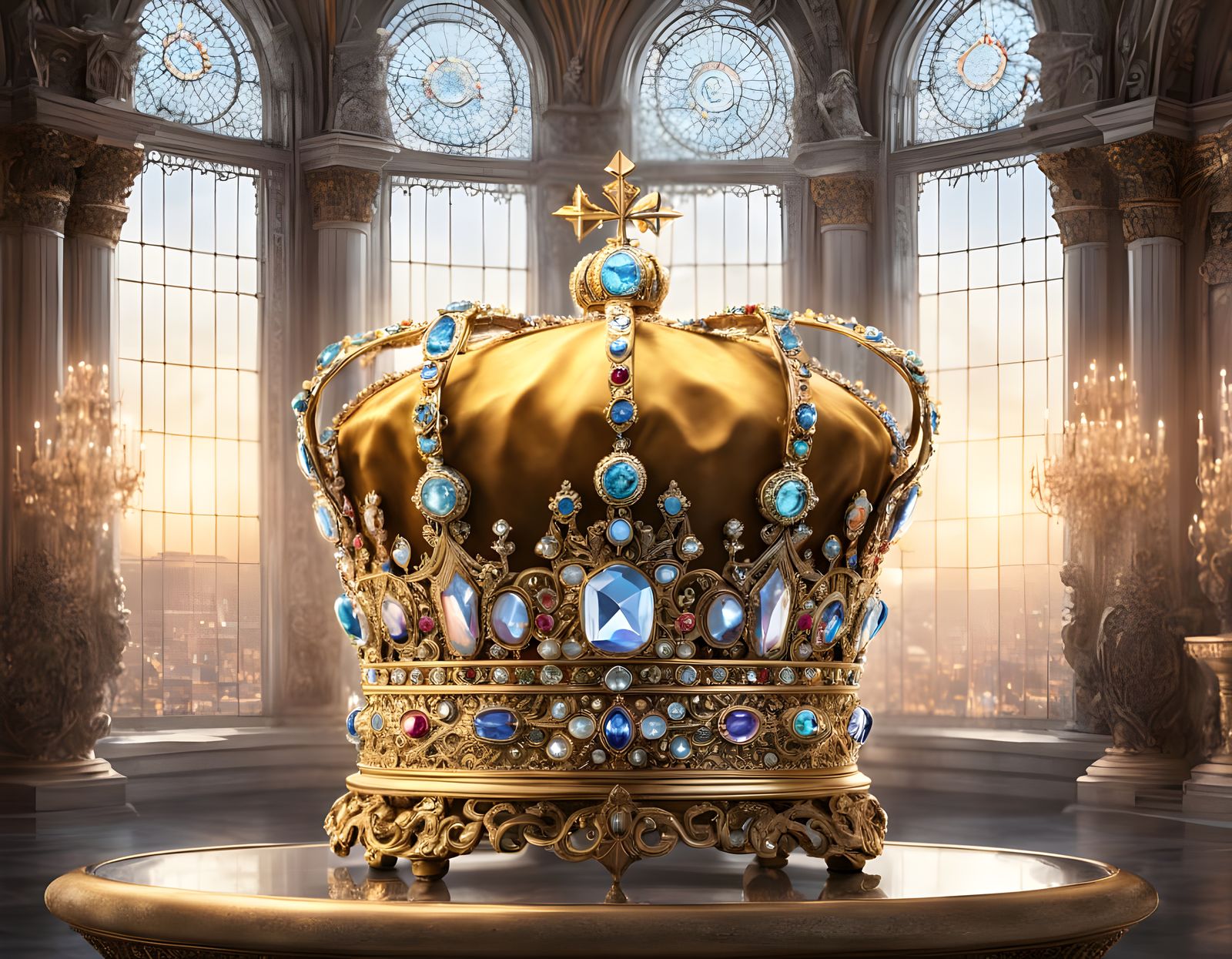 Regal Golden Crown Displayed Under Glass Dome