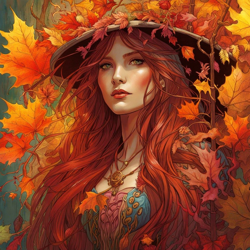 Enchanting Autumn Fairy Witch in Vibrant Pastel Aura
