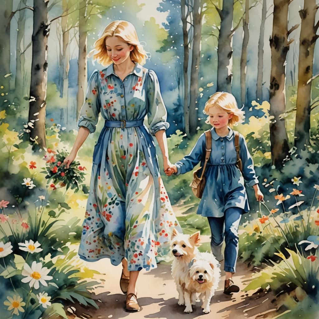 Watercolor Painting of Mother and Daughter in Forest