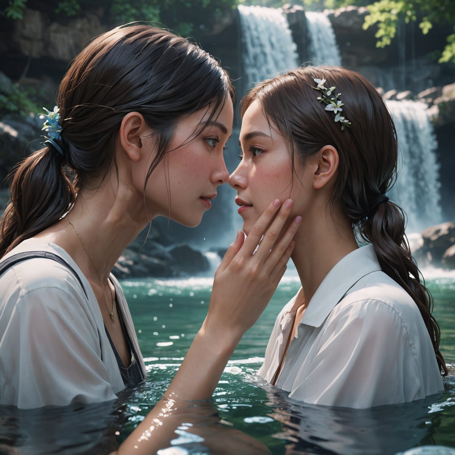 Intimate Waterfall Encounter: Anime-Inspired 3D Art