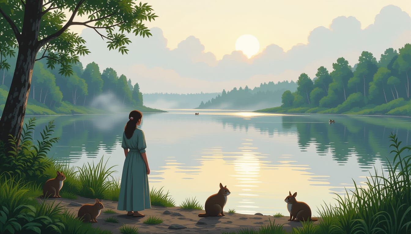 Serene Woman in River Delta: Painterly Style