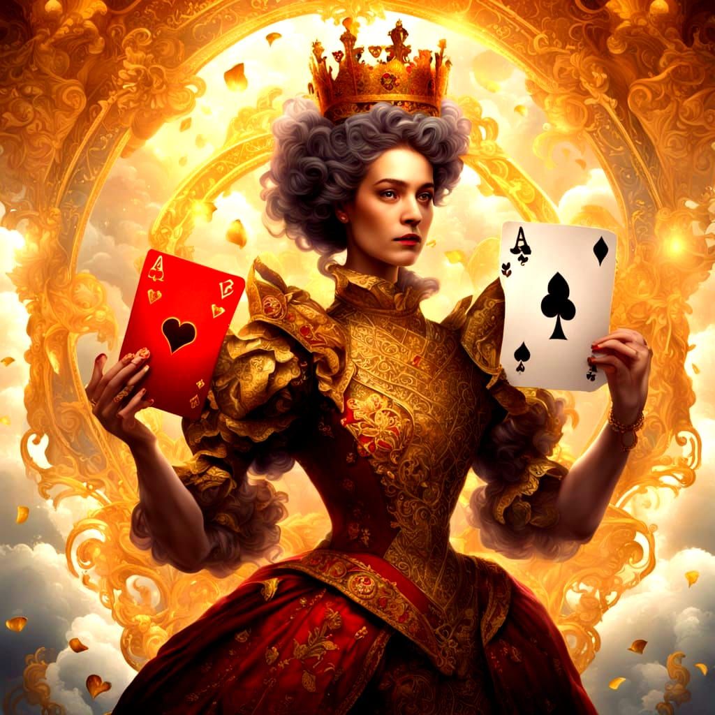 Queen of Hearts Falling Through Time Amidst Divine Beams