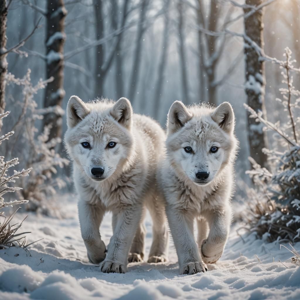 Majestic Polar Wolf Cubs in Winter Wonderland