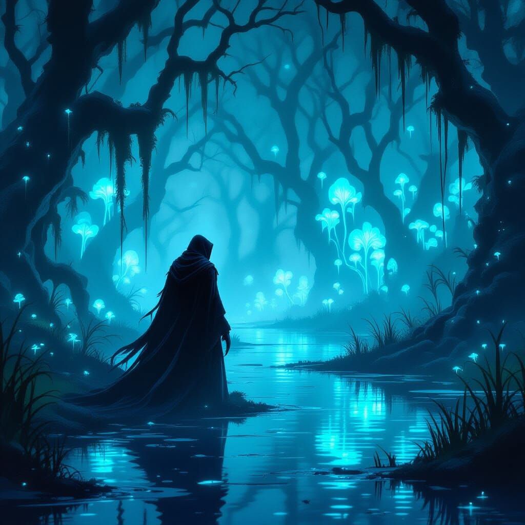 Sorcerer in Bioluminescent Swamp