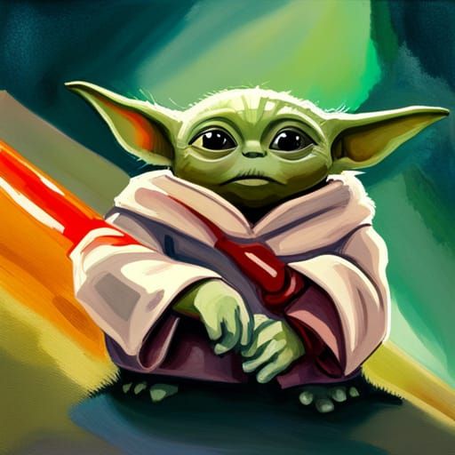 Baby Yoda Lightsaber Gouache Impressionist Painting