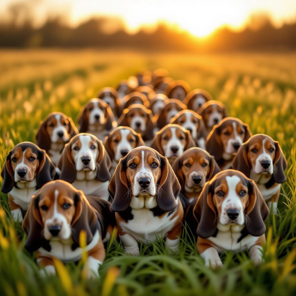 101 Basset Hounds in Golden Hour Field