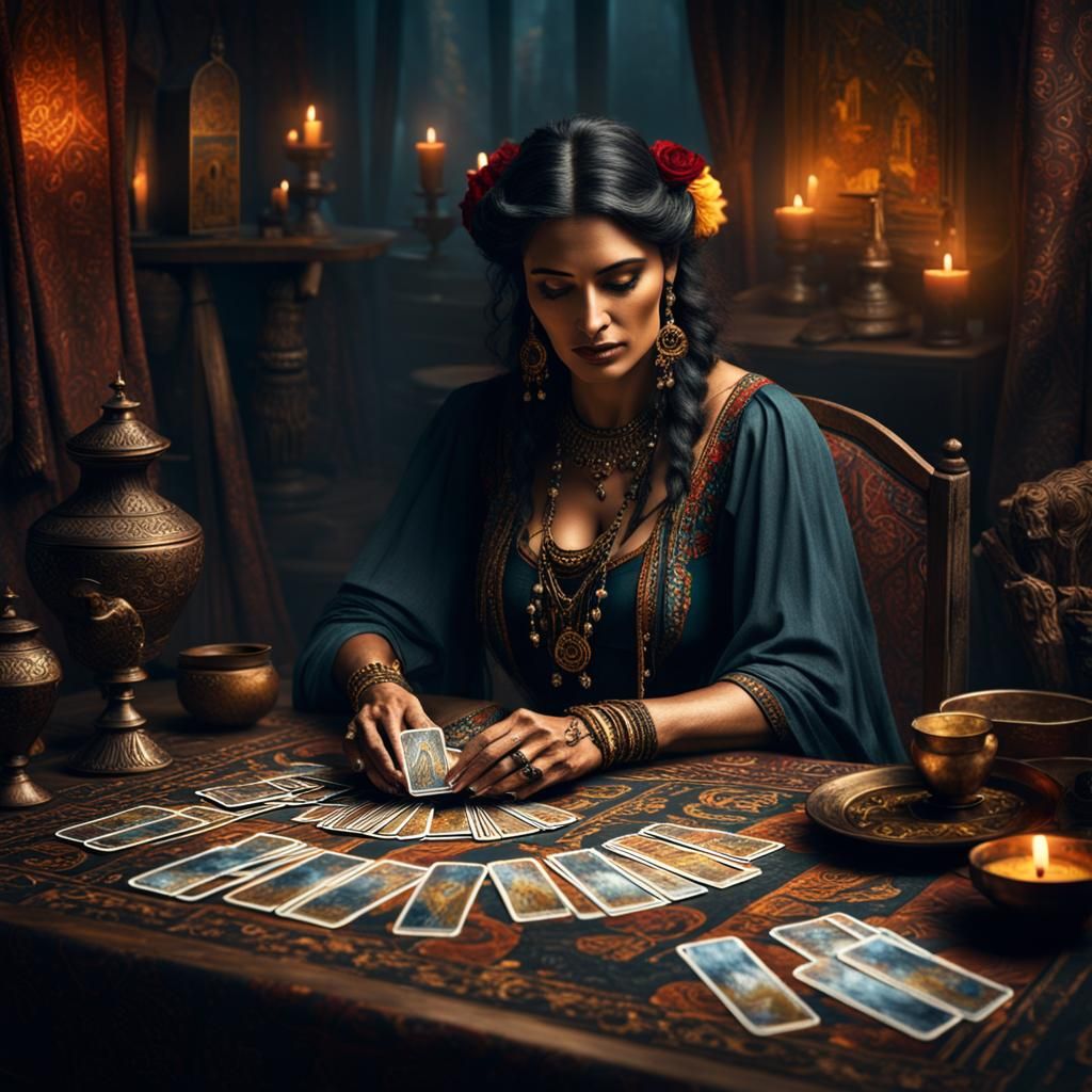 Mysterious Gypsy Fortune Teller Reading Tarot Cards