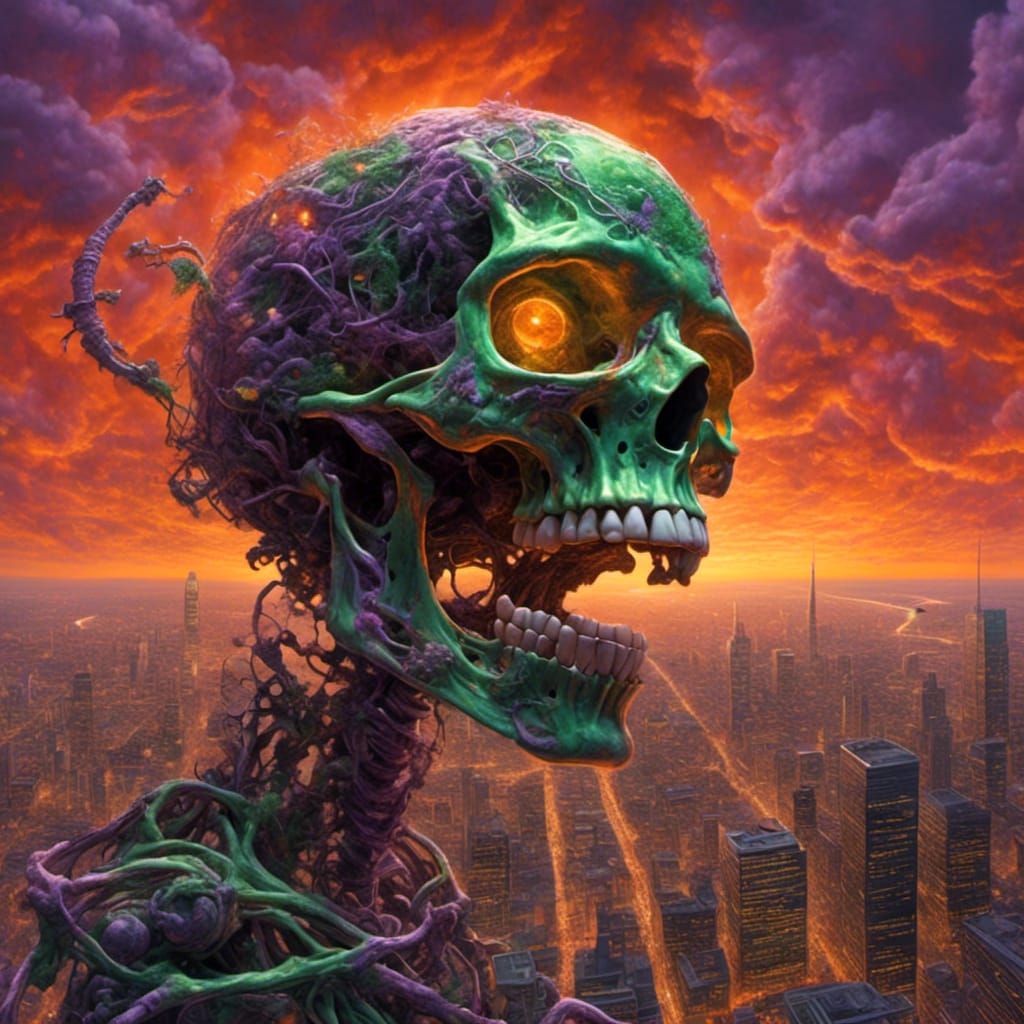 Giant Skeleton Demon Descends from Dark Skies