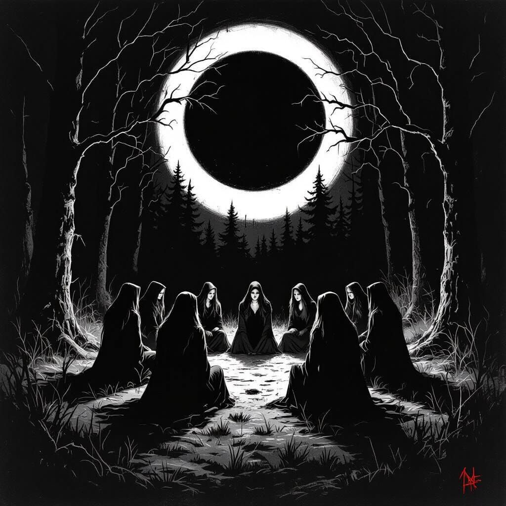 Witches Circle in Forest Clearing Under Moonlight, Gritty Ho...