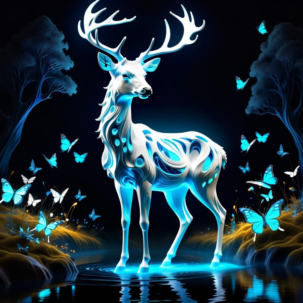 Luminescent Deer in Bioluminescent Forest