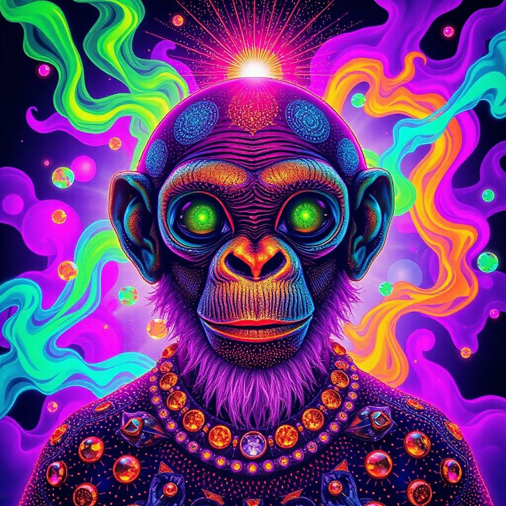 Wise Alien Ape with Prismatic Eye in Psychedelic Style