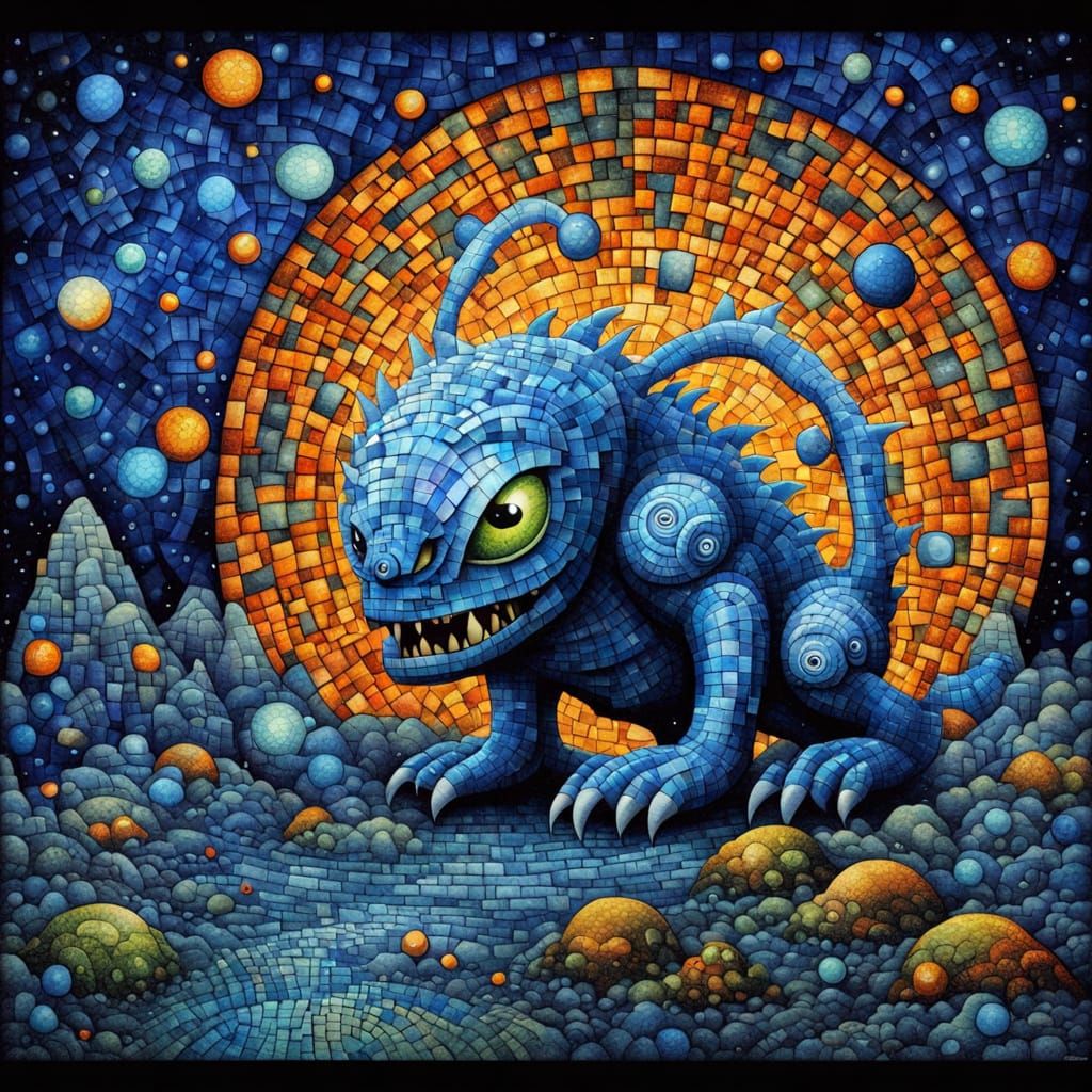 Vibrant Chibi Monster in Alien Galaxy Mosaic Art
