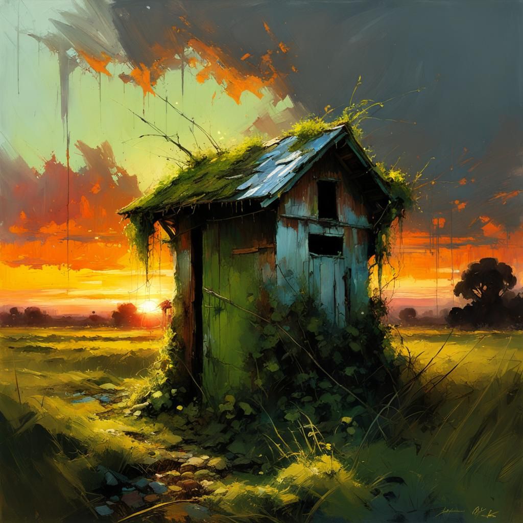 Rustic Outhouse at Sunset as Matte Painting