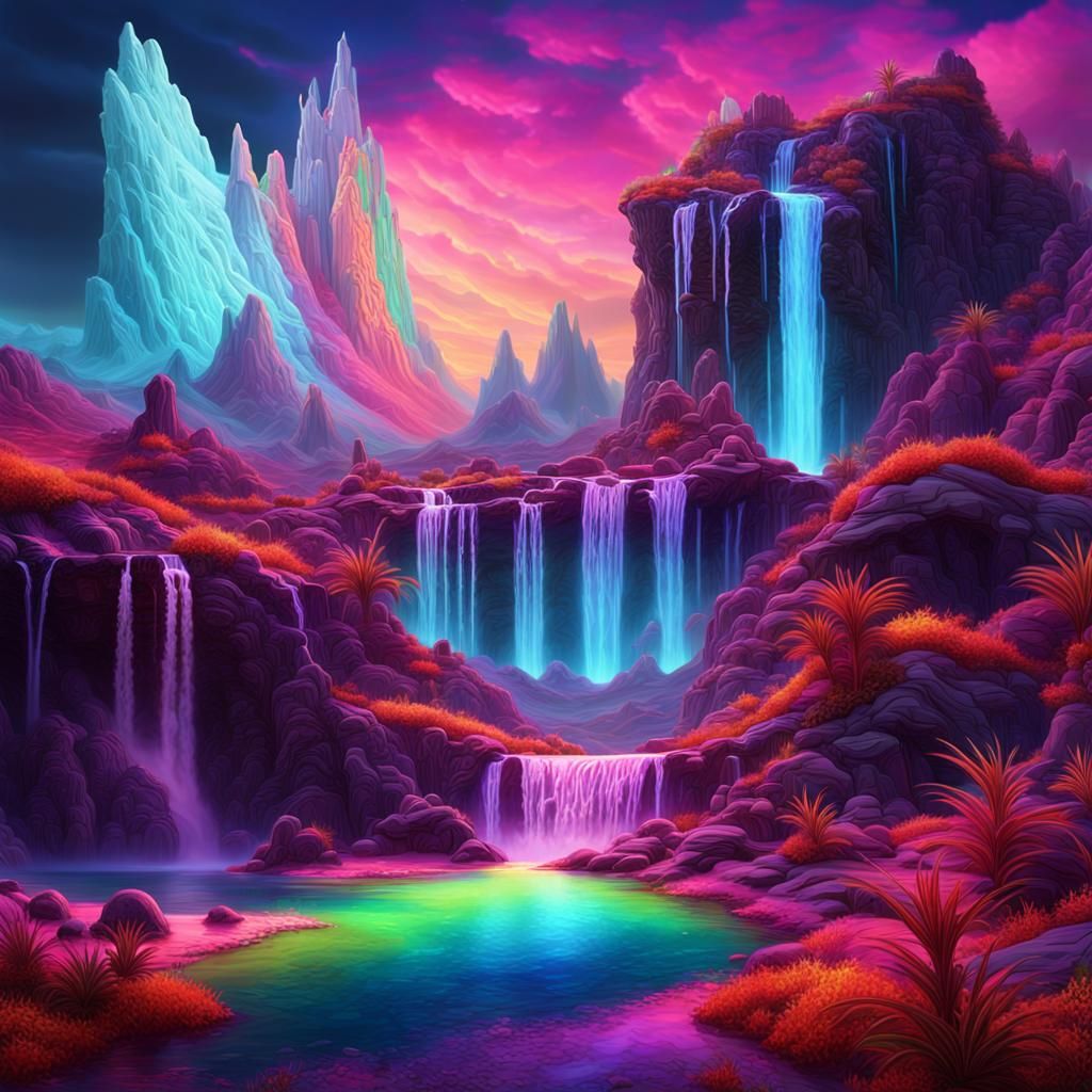 Glowing Waterfall on Alien Planet, Fantasy Concept Art