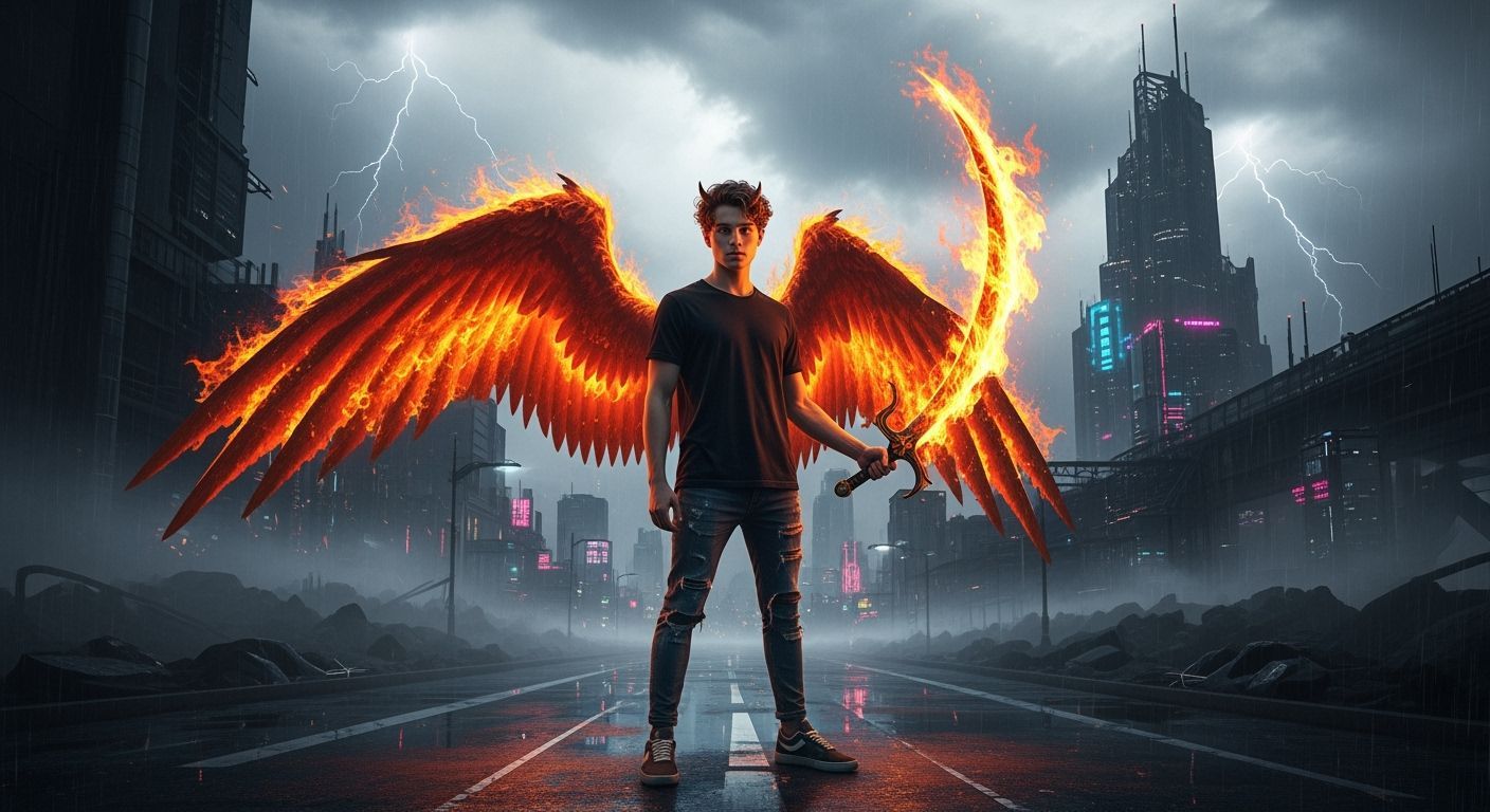 Fiery Angel in Dystopian Cyberpunk Cityscape