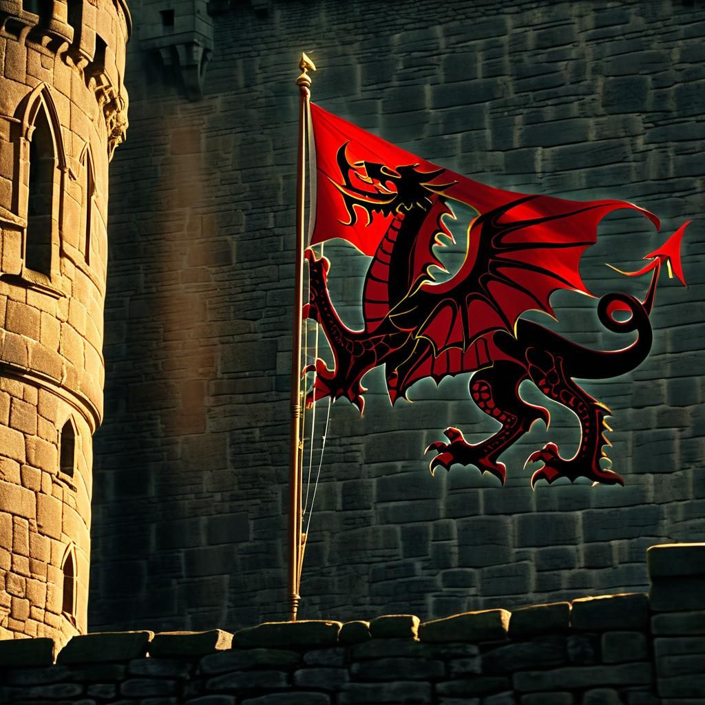 Welsh Dragon Flag on Castle Wall