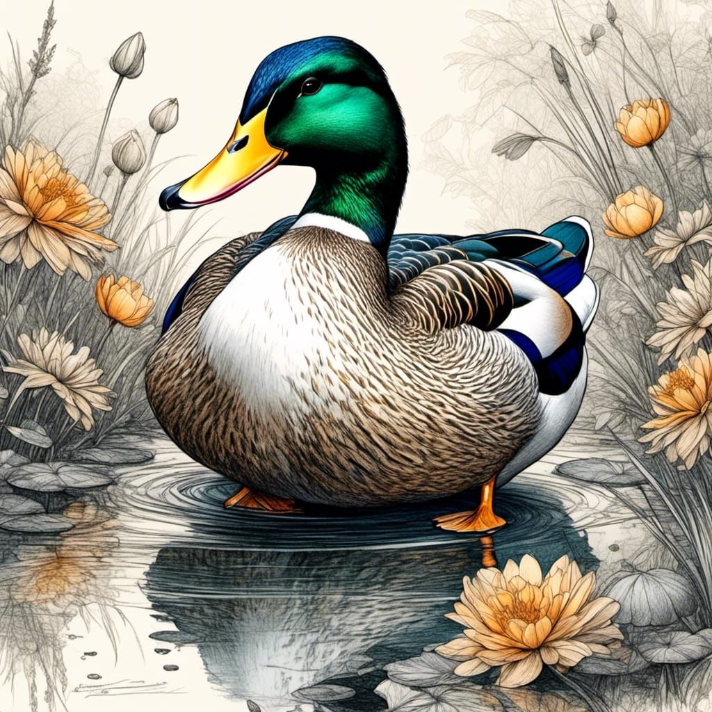 Detailed Sketch of a Cute Mallard Duck in Pond