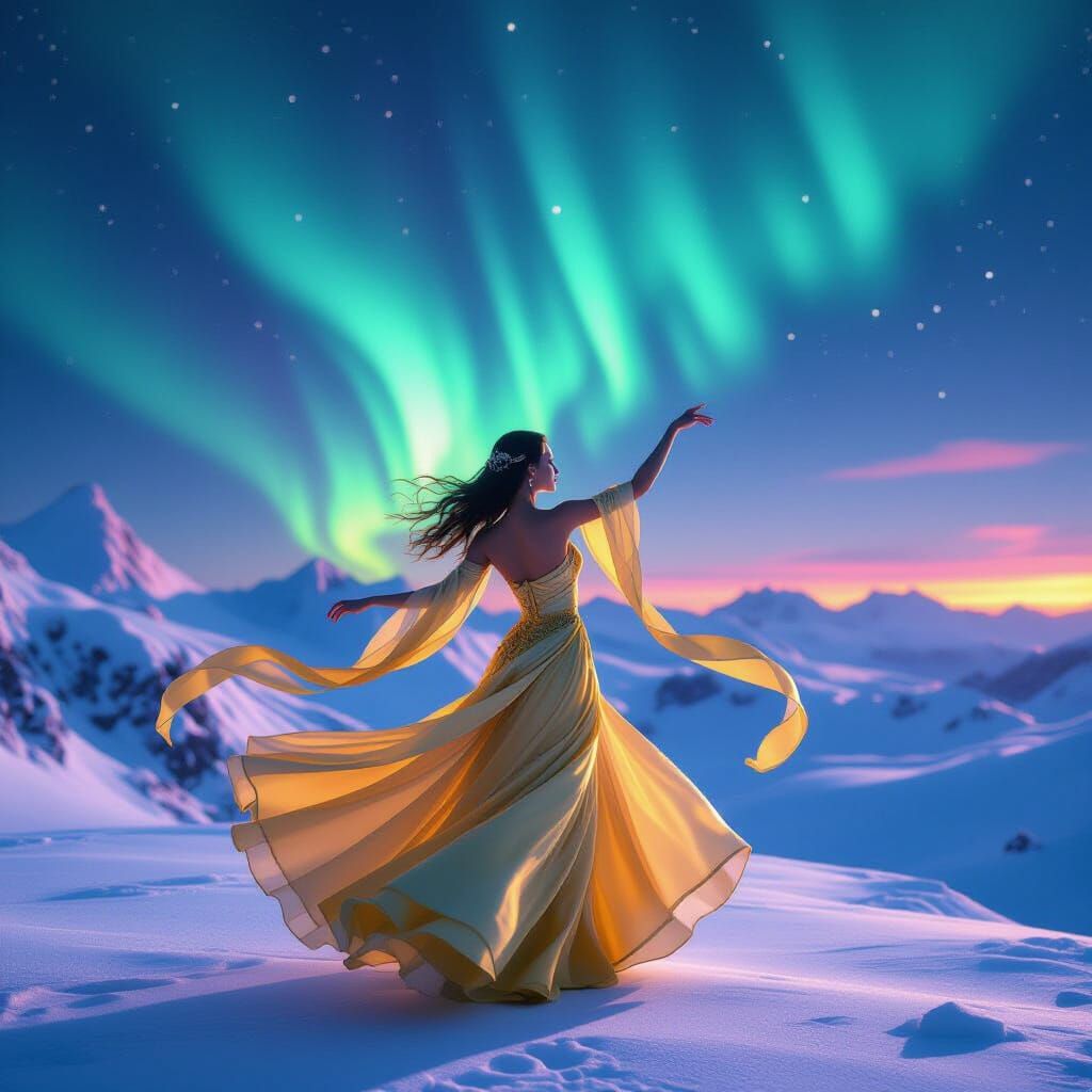 Woman Dancing Under Aurora, Dreamlike Animation