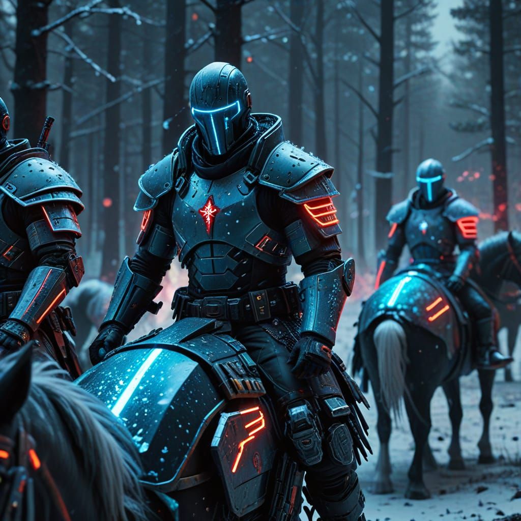 Cyberpunk Templar Knights Crossing Snowy Forest