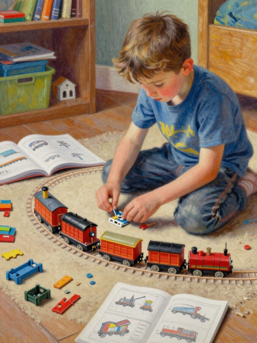 Child Concentrates on Model Train Assembly in Bedroom