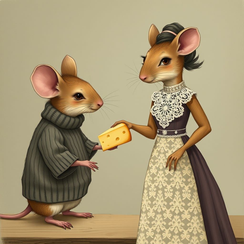 Charming Mice Courtship in Whimsical Illustration Style