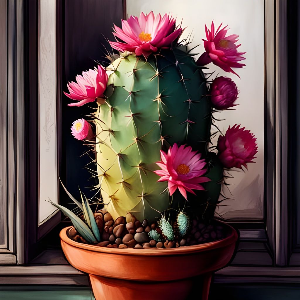Flowering Cactus with Grumpy Face Fantasy Art