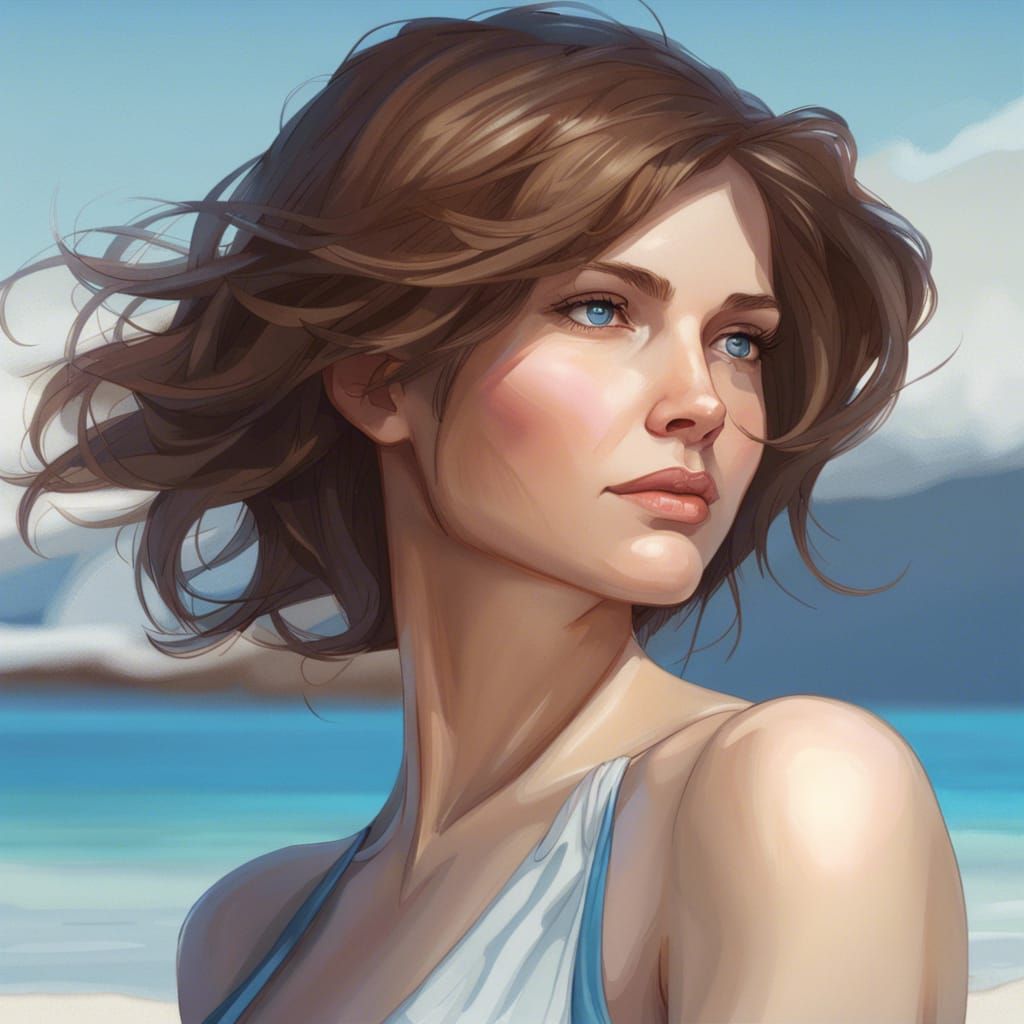 Woman Relaxing on White Sandy Beach: Hyperdetailed Portrait