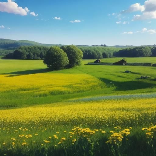 Sunny Country Meadow with Family