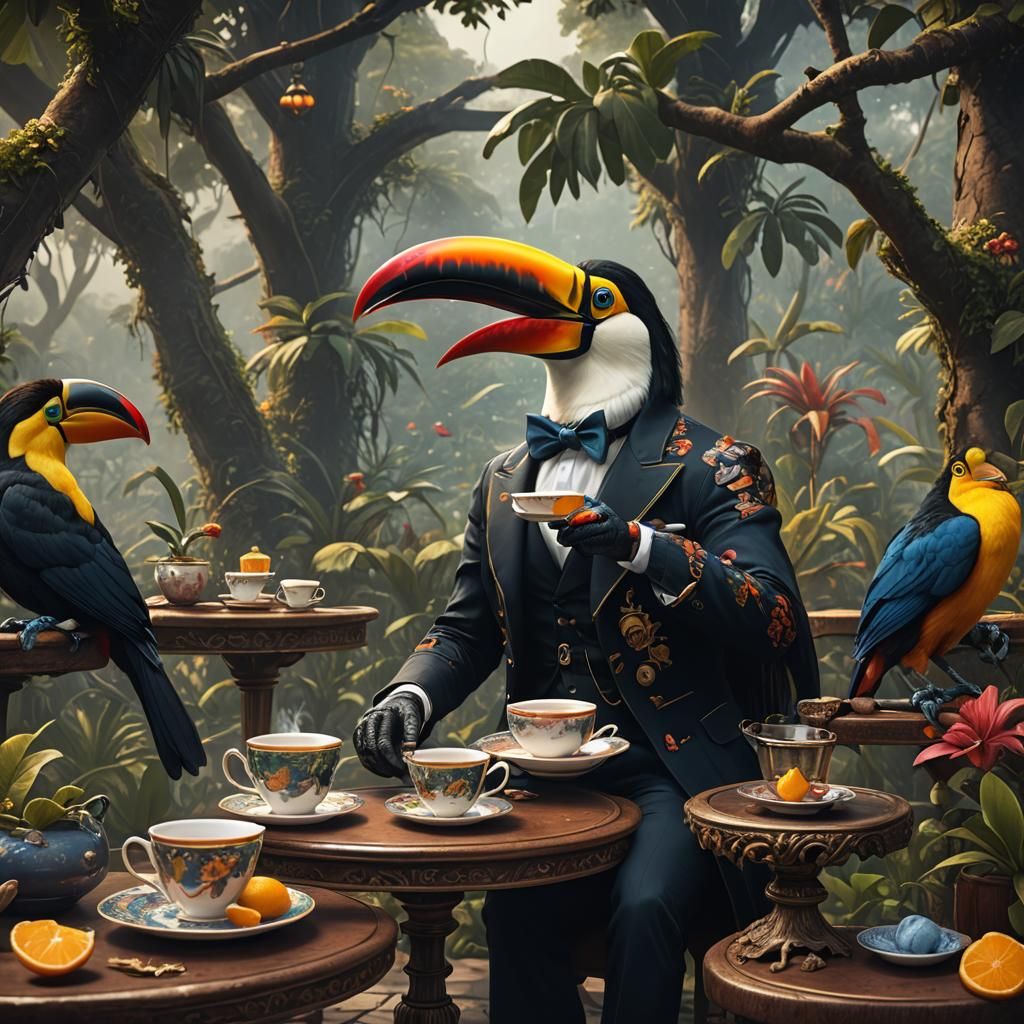 A Gentleman Toucan Enjoys Tea: Detailed Matte Painting