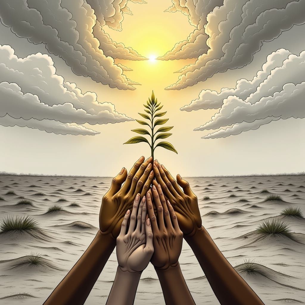Global Cooperation: Hands Hold Seedling in Desolate Landscap...