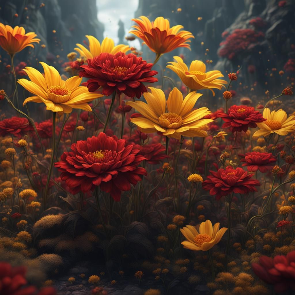 Fantastical Red and Yellow Flowers in Detailed Matte Paintin...