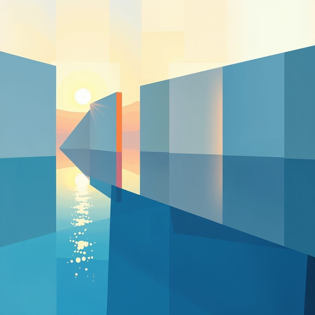 Cubist Pond Reflecting Dawn and Dusk in Pastel Gradients