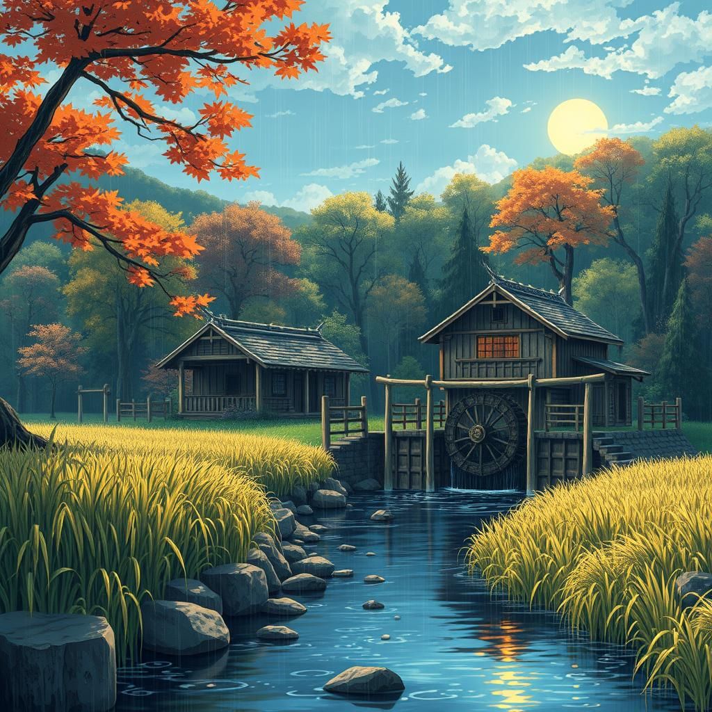 Rustic Autumn Mill in Anime Style