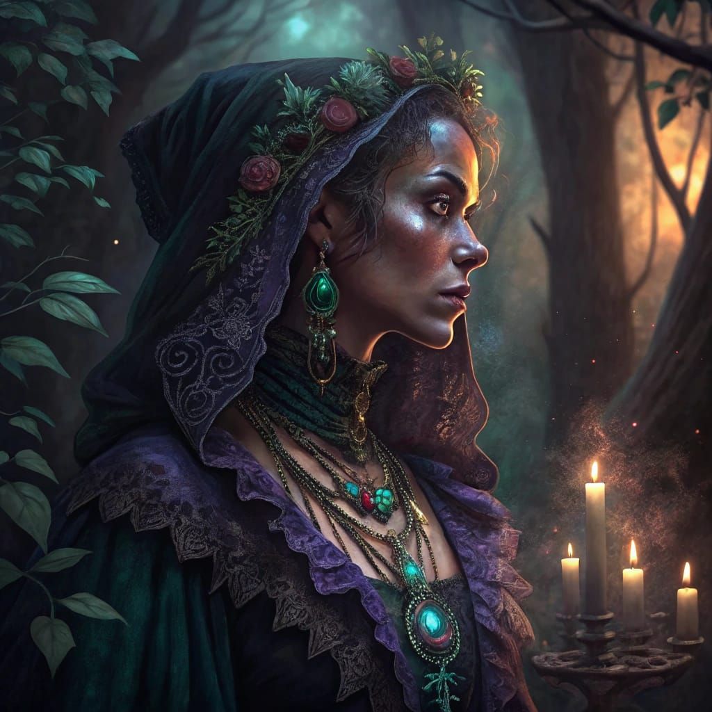 Mysterious Voodoo Priestess in Triadic Colors, Oil Painting