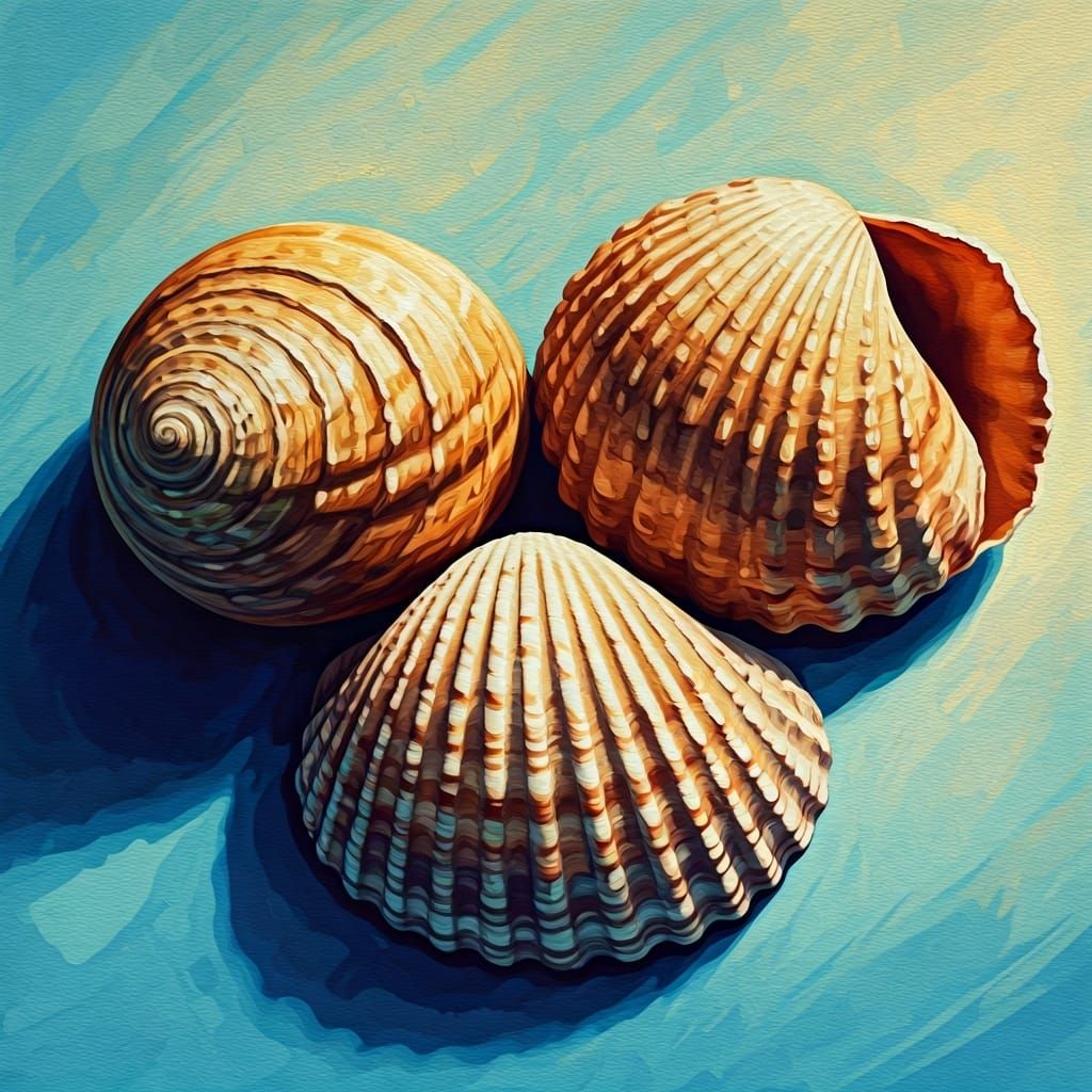 Detailed Seashells in Gouache Impressionist Style