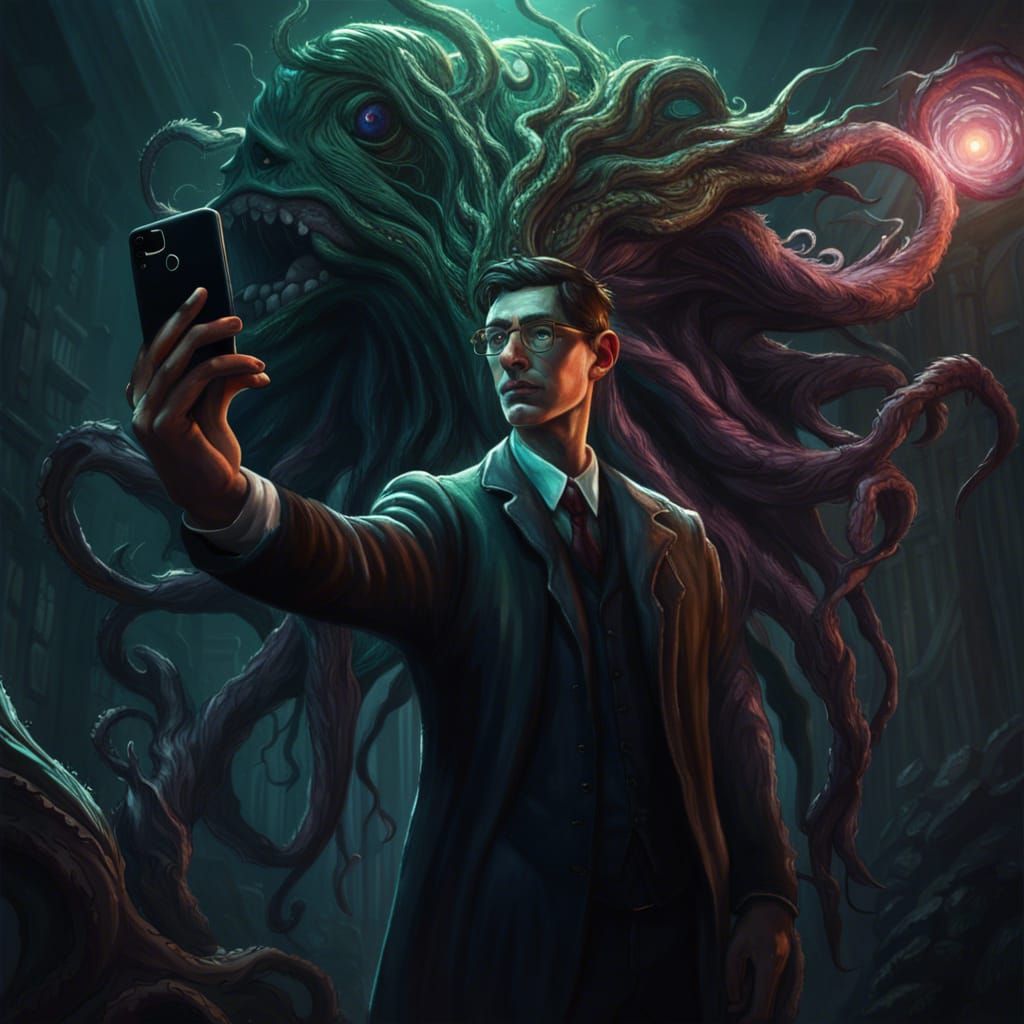 Selfie with Eldritch Being, Dark Fantasy Art
